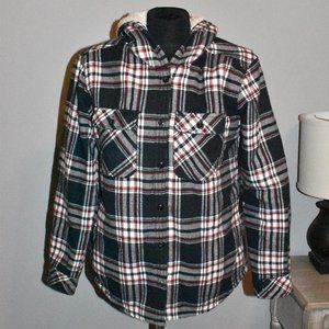 Boston Traders Black & Red Plaid Hooded Button Down Shirt Jacket Sherpa Sz Small